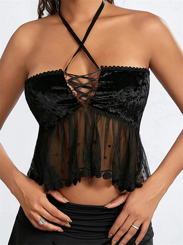 Sexy Women Mesh Patchwork CrissCross TieUp Halter Backless Vest Summer Sleeveless Cropped Clubwear Crop Top