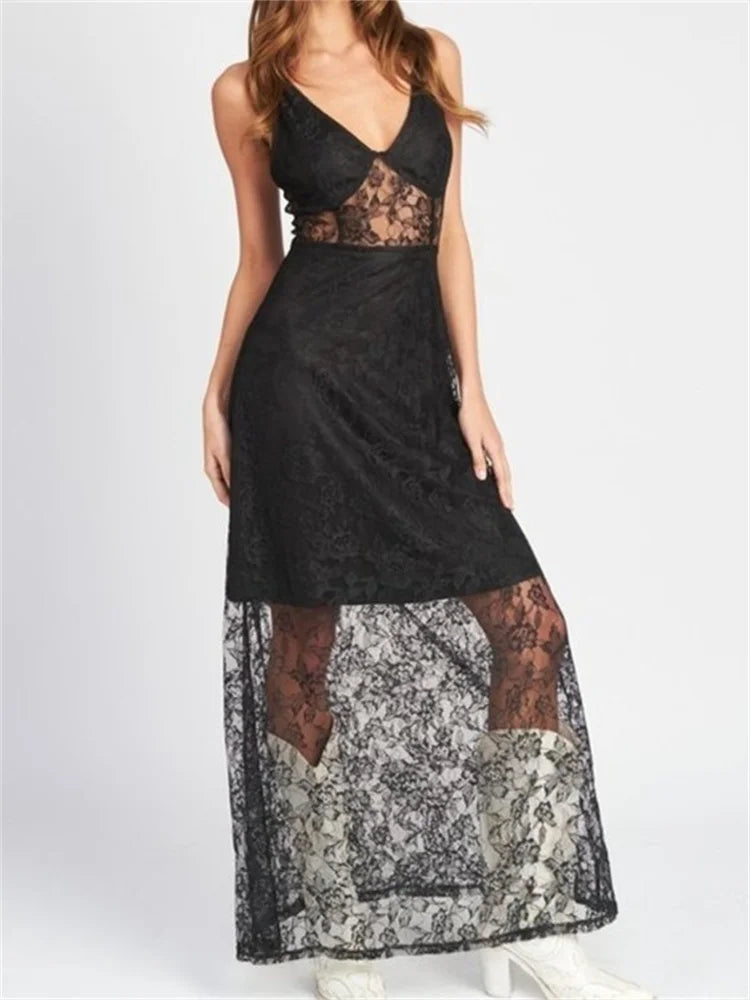 Sexy Women V Neck Sleeveless Lace Patchwork Flower Embroidery Slim Tank Summer Party Vestidos