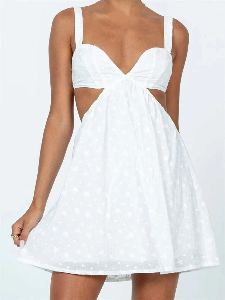 VNeck Sleeveless Backless Hollow Out Lace Mini Dresses