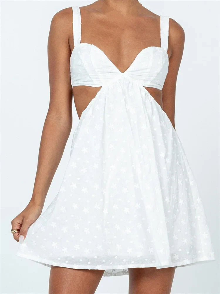 VNeck Sleeveless Backless Hollow Out Lace Mini Dresses