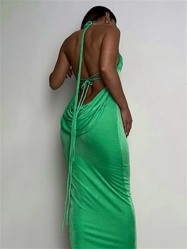 Sleeveless Backless Drawstring Hollow Out Sexy Split Summer Women Party Y2K Beach Vestidos Green / S