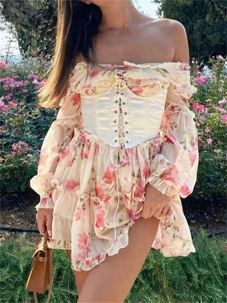 OffShoulder 3D Flowers Long Sleeve Mini Dresses