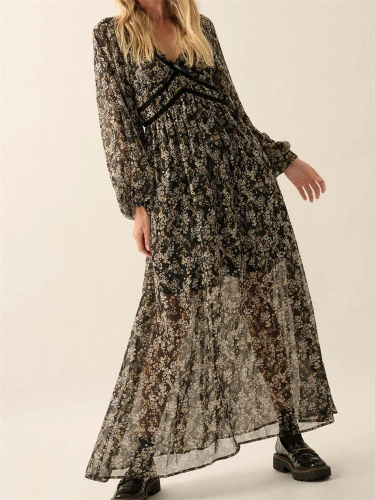 Vintage Women Bohemian Floral Print Summer Sleeve V Neck High Waist Chiffon Flowy Vestidos Black / S