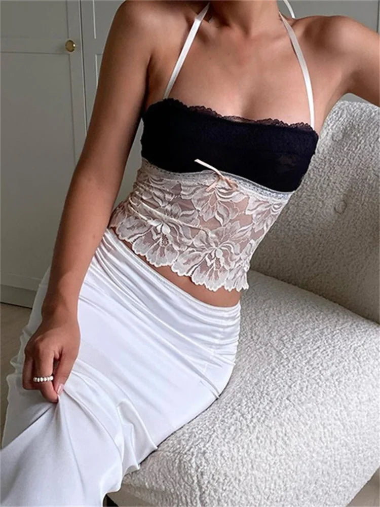 Lace Halter Tie-up Backless Patchwork Tank Top BLACK / S croptop-250126