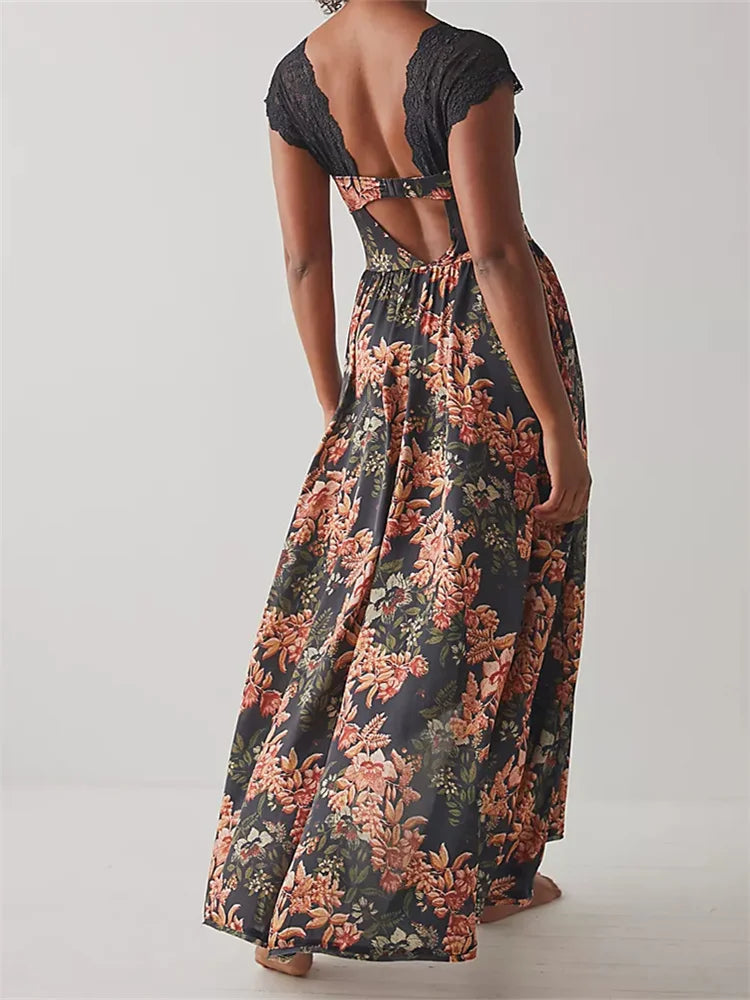 Vintage Women Lace Short Sleeve Casual Floral Print Backless Beach Party Split Summer Vestidos