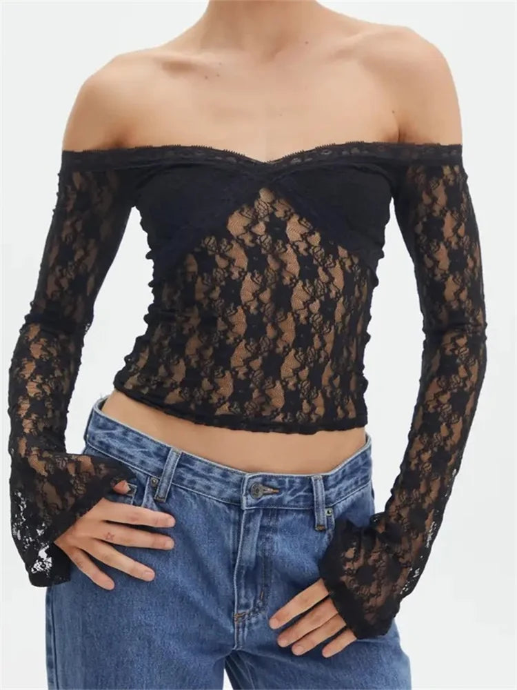 Vintage Lace Crop Tops Long Sleeve Off-Shoulder Casual Pullovers T-Shirts Black / S