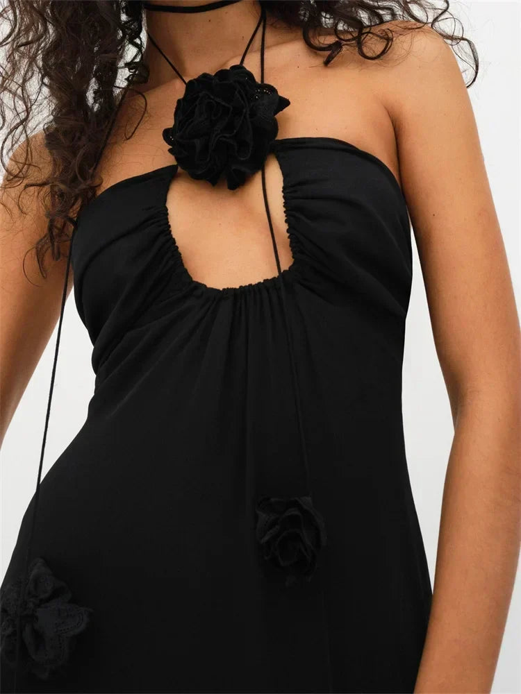Women 3D Flowers Patchwork Halter Sleeveless Backless High Split Asymmetrical Hem Ruffles Vestidos