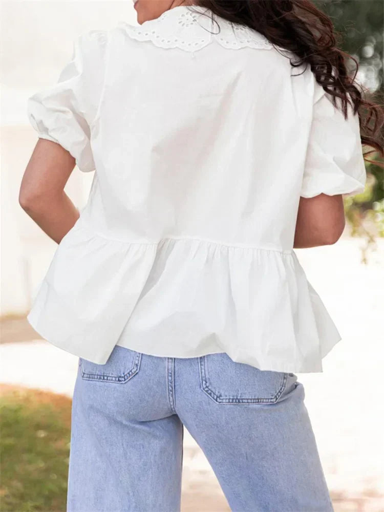Lace Short Sleeve Front Tie-Up Blouse