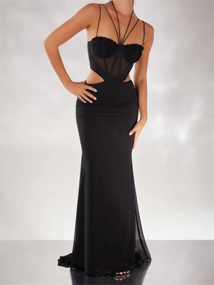 Women Black Halter Sleeveless Slim Waist Hollow Out Spaghetti Strap Evening Summer Female Vestidos