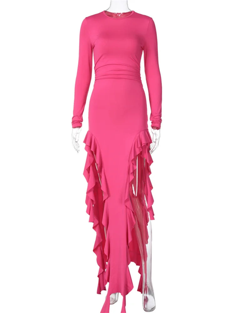 Women Bodycon Fashion Sleeve Solid Color High Split Ruffles Ruched Party Female Vestidos