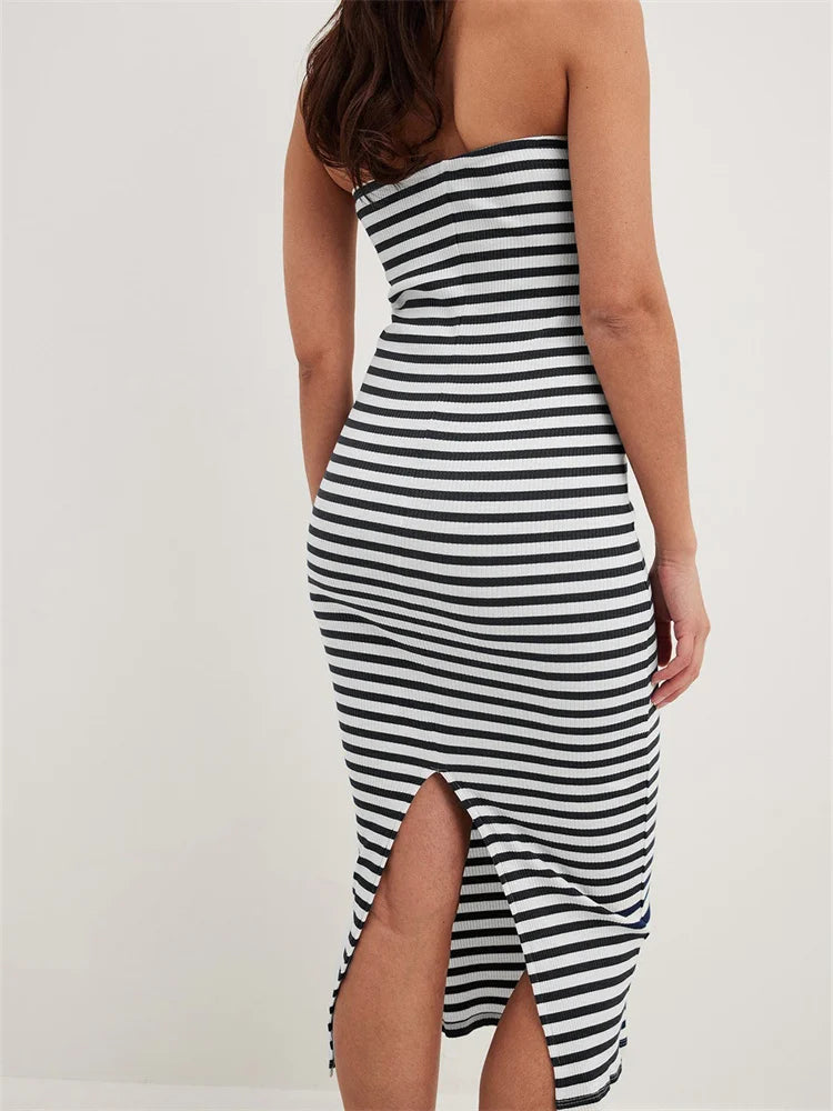 Women Bodycon Striped Strapless Off Shoulder Backless Tube Summer Split Knitted Party Vestidos