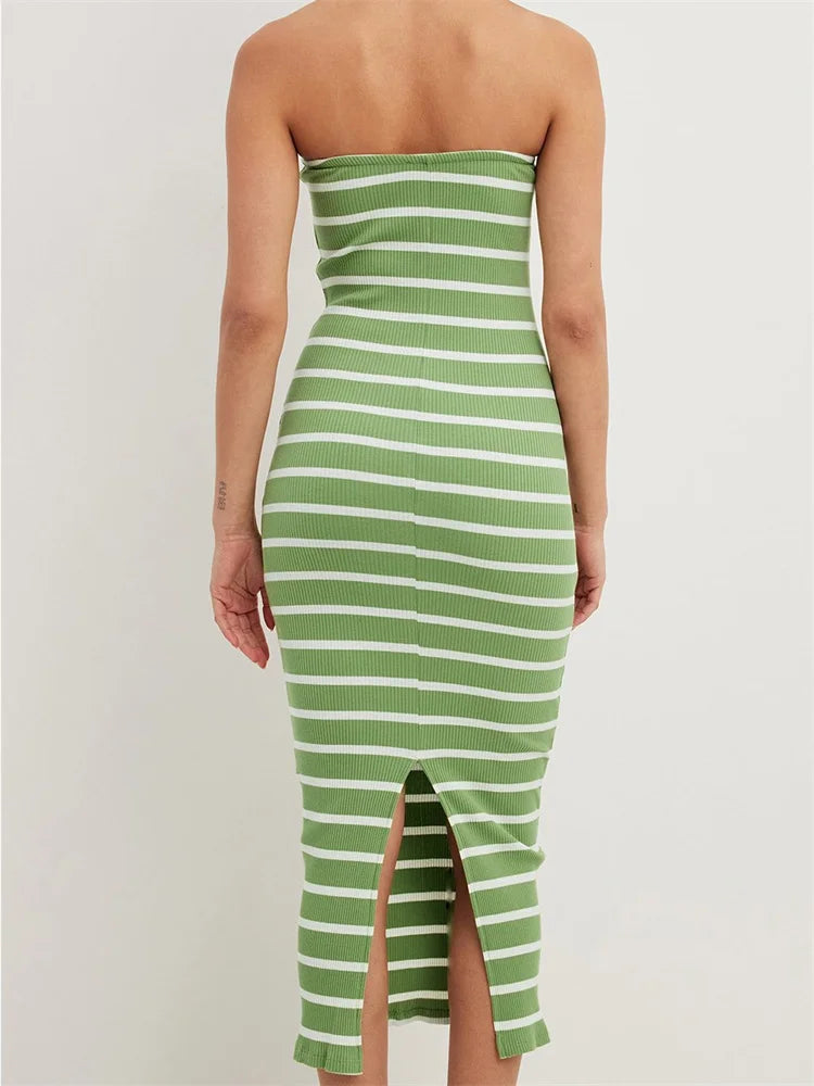 Women Bodycon Striped Strapless Off Shoulder Backless Tube Summer Split Knitted Party Vestidos