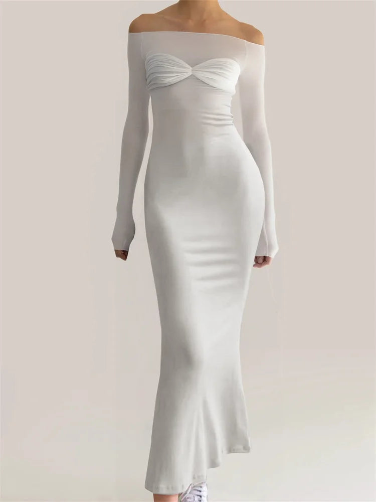 Women Bow Patchwork Sleeve Elegant Solid Slash Neck Off Shoulder Party Beach Club Vestido