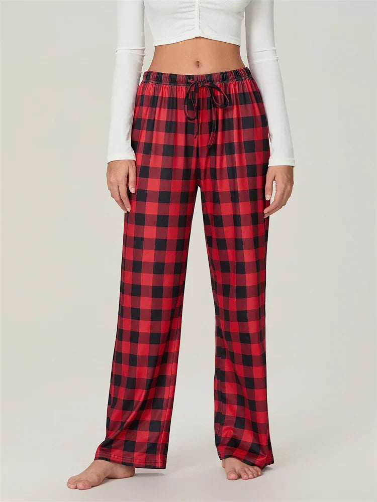 Christmas Plaid Print Lace-Up Elastic Sleep Pant RED / S pant-250223
