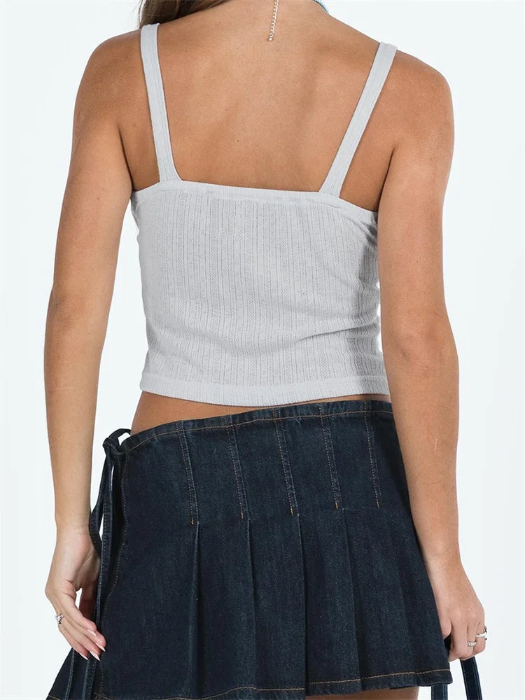 VNeck Bow Patchwork Backless Sleeveless Spaghetti Strap Lace Mini Vest Streetwear Crop Top