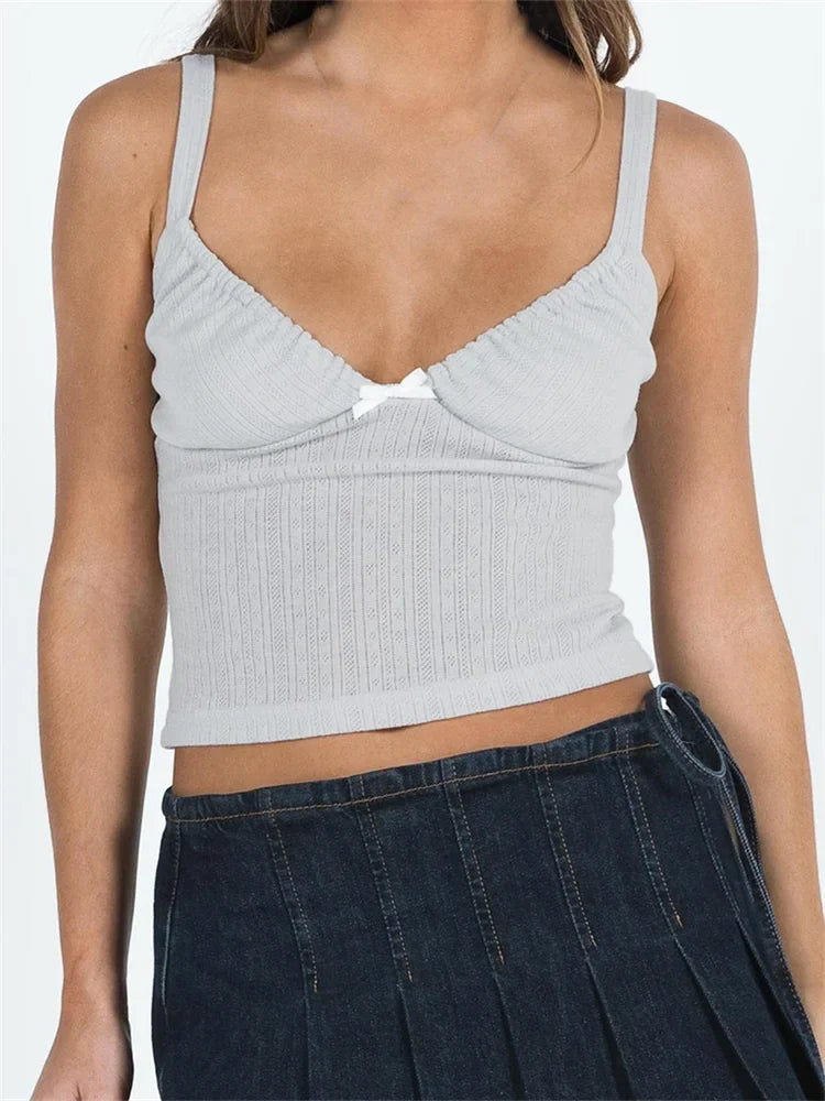 VNeck Bow Patchwork Backless Sleeveless Spaghetti Strap Lace Mini Vest Streetwear Crop Top