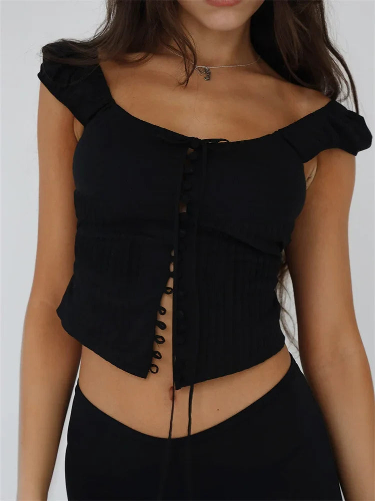 Women Elegant Ruched Sleeveless Spaghetti Strap Button Tieup Slim Fit Vintage Backless Top Summer Clothes Crop Top