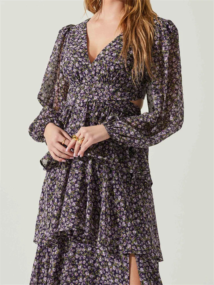 Women High Split Floral Print Puff Sleeve V Neck Layered Ruffles Hem Spring Fall Vestidos