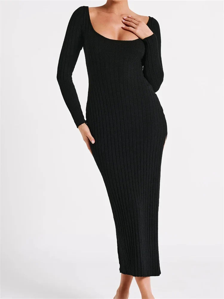 Women Knitted Bodycon Solid Color Ribbed Round Neck Sleeve Side Split Spring Fall Vestidos Black / S