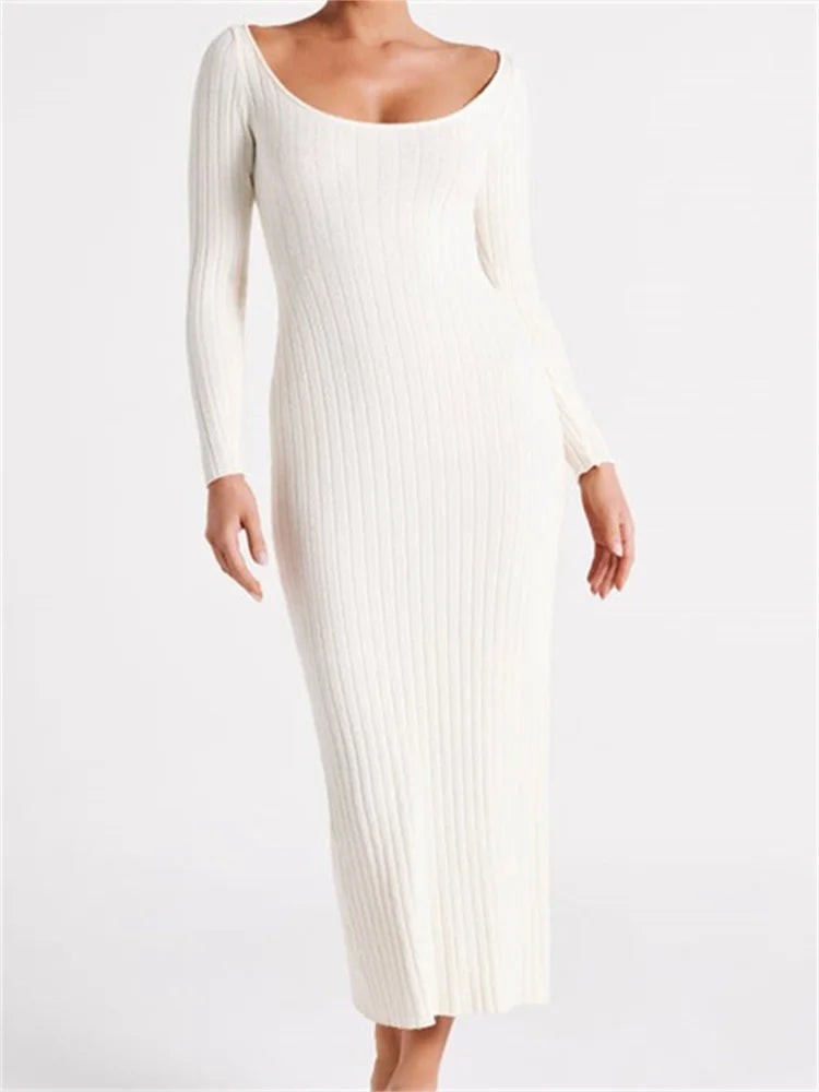 Women Knitted Bodycon Solid Color Ribbed Round Neck Sleeve Side Split Spring Fall Vestidos White / S
