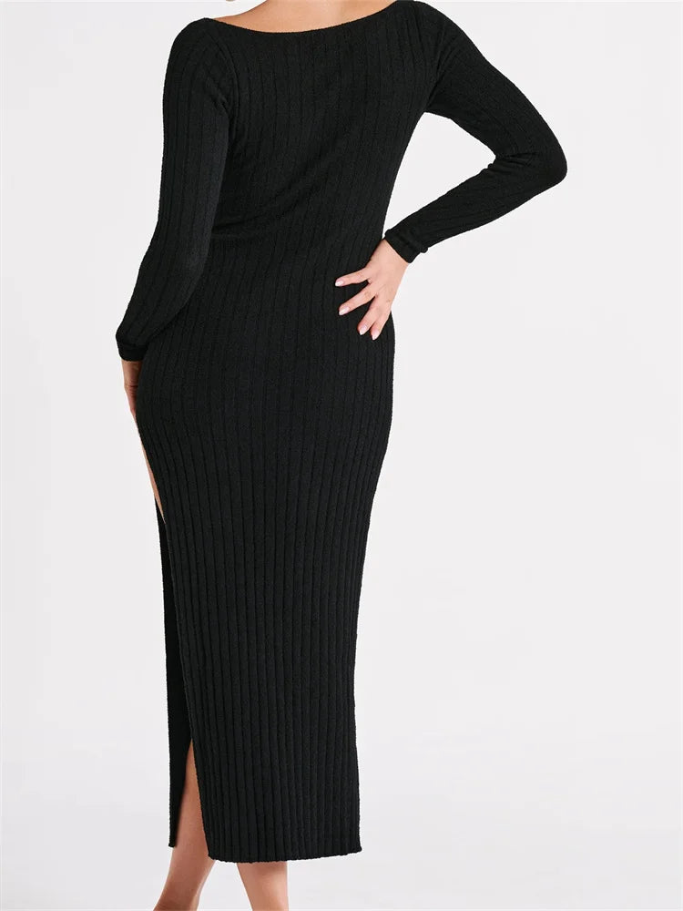 Women Knitted Bodycon Solid Color Ribbed Round Neck Sleeve Side Split Spring Fall Vestidos