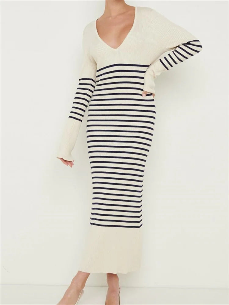 Women Knitted Sleeve Deep V Neck Striped Slim Fit Spring Autumn Female Vestidos Streetwear