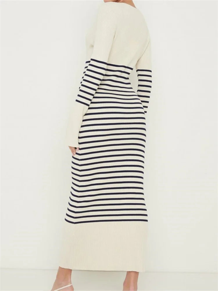 Women Knitted Sleeve Deep V Neck Striped Slim Fit Spring Autumn Female Vestidos Streetwear