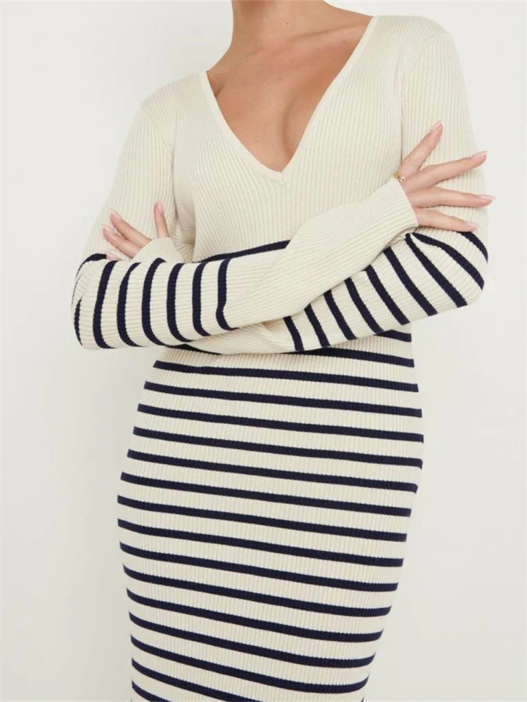 Women Knitted Sleeve Deep V Neck Striped Slim Fit Spring Autumn Female Vestidos Streetwear