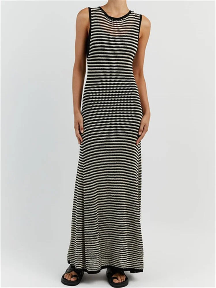 Women Knitted Sleeveless Round Neck Striped Slim Summer Club Party Female Vestidos Streetwear