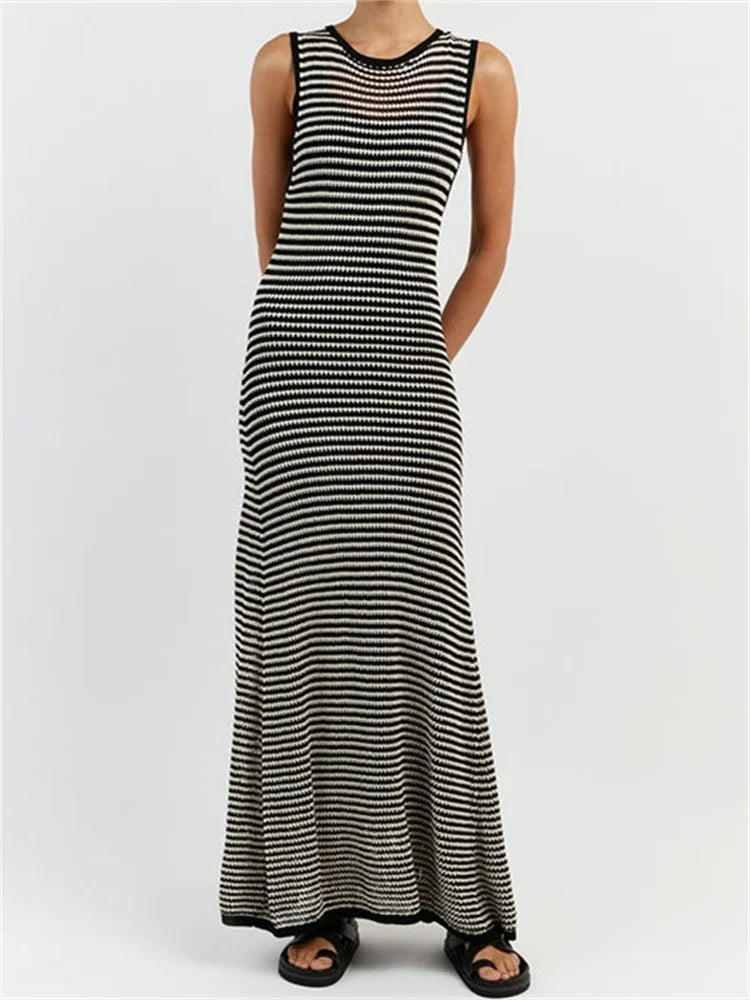 Women Knitted Sleeveless Round Neck Striped Slim Summer Club Party Female Vestidos Streetwear