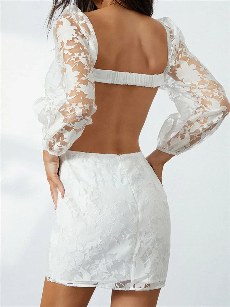 Long Sleeve V Neck Tieup Backless Floral See Through Mini Dresses
