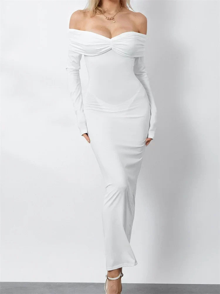 Women Ruched Slash Neck Off-Shoulder Sleeve Solid Slim Fit Bodycon Cocktail Party Vestidos White / S