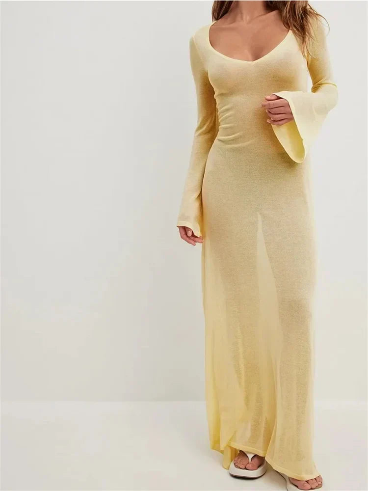 Women Vintage Sleeve V Neck See Through Slim Fit Solid Color Party Female Vestidos Streetwear Beige