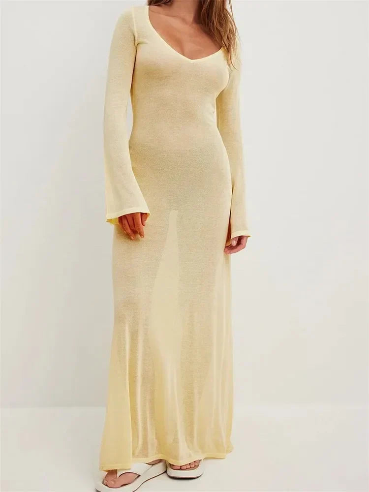 Women Vintage Sleeve V Neck See Through Slim Fit Solid Color Party Female Vestidos Streetwear