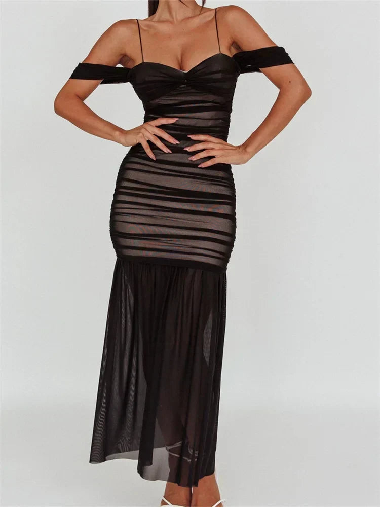 Women Mesh Sheer See Through Low Cut Off Shoulder Strap Backless Ruched Summer Party Vestidos