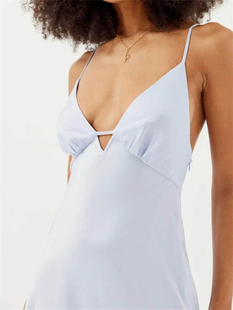 Sleeveless Deep VNeck Backless CrissCross Pleated Party Midi Dress