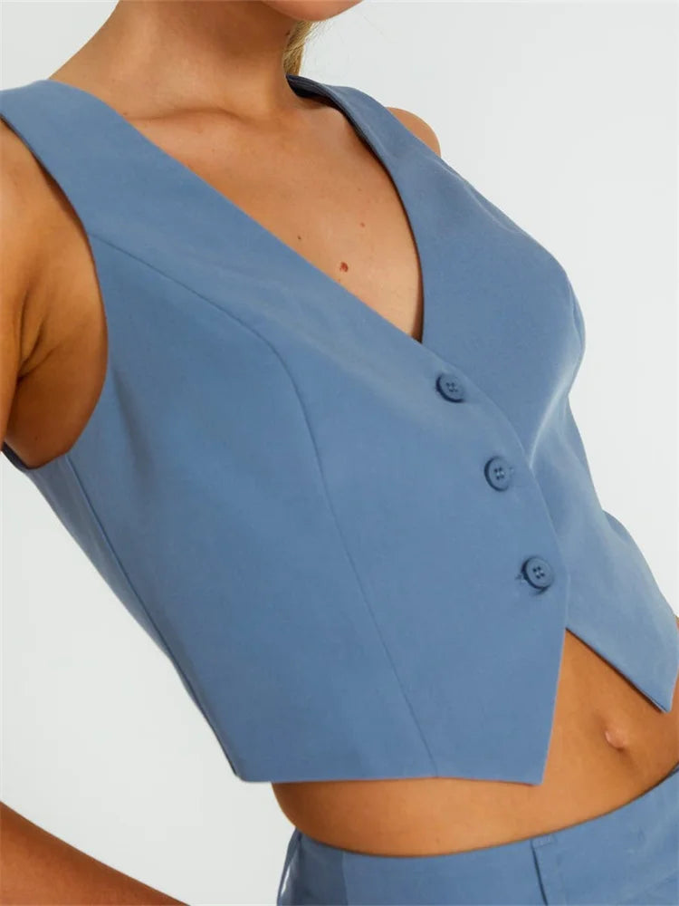 Women Sleeveless Vest Buttons Down Slim Fit Solid Color VNeck Cropped Y2K Casual Irregular Hem Streetwear Crop Top