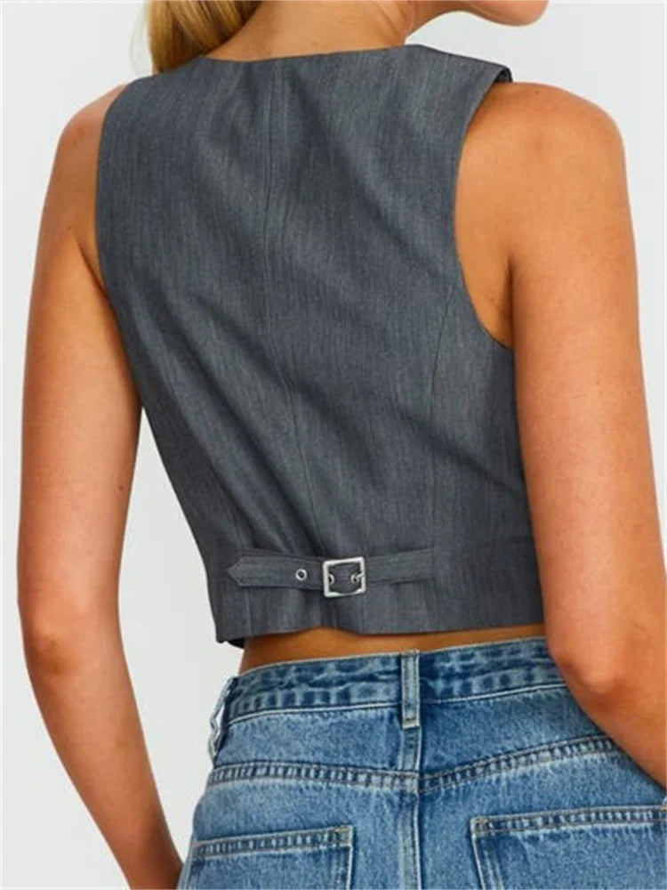 Women Sleeveless Vest Buttons Down Slim Fit Solid Color VNeck Cropped Y2K Casual Irregular Hem Streetwear Crop Top