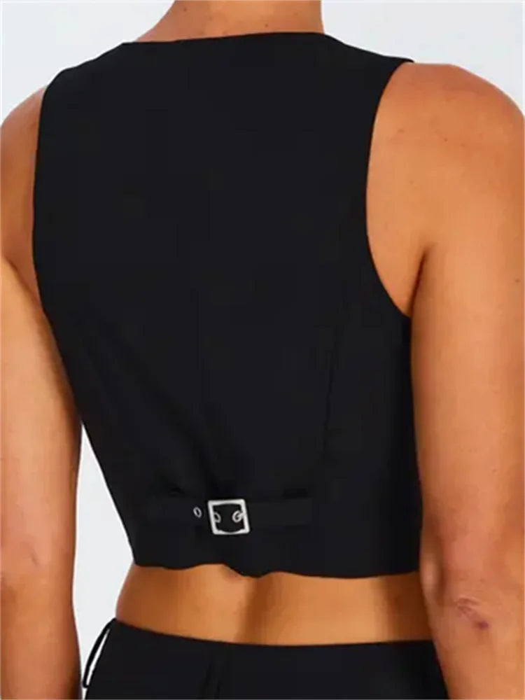 Women Sleeveless Vest Buttons Down Slim Fit Solid Color VNeck Cropped Y2K Casual Irregular Hem Streetwear Crop Top
