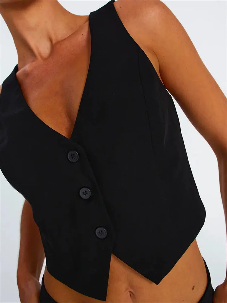 Women Sleeveless Vest Buttons Down Slim Fit Solid Color VNeck Cropped Y2K Casual Irregular Hem Streetwear Crop Top
