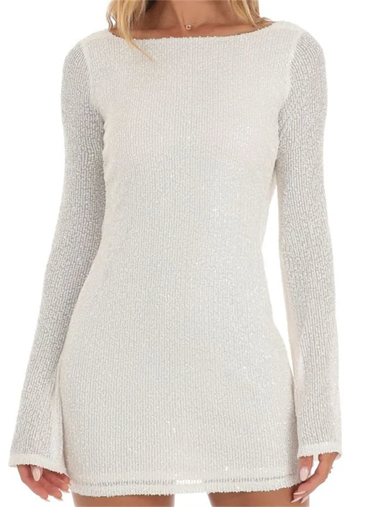 Sparkle Sequined Backless Ruched Mini Dress