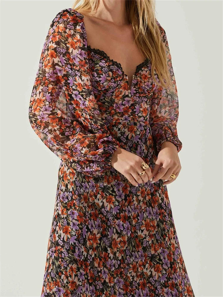 Women Spring Fall Vintage Floral Print V-neck Puff Sleeve Fashion Backless Holiday Vestido