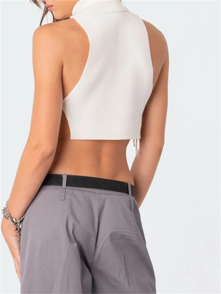 Women Summer Knitted Slim Vest Solid Ribbed Sleeveless High Neck Side TieUp Exposed Navel Streetwear Crop Top
