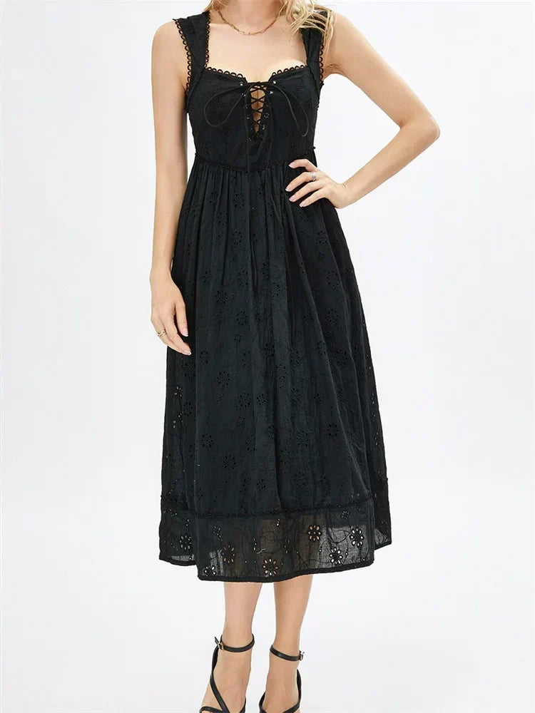 Women Summer Lace Floral Backless Tie-up Sleeveless Spaghetti Strap Hollow Out Party Female Vestidos