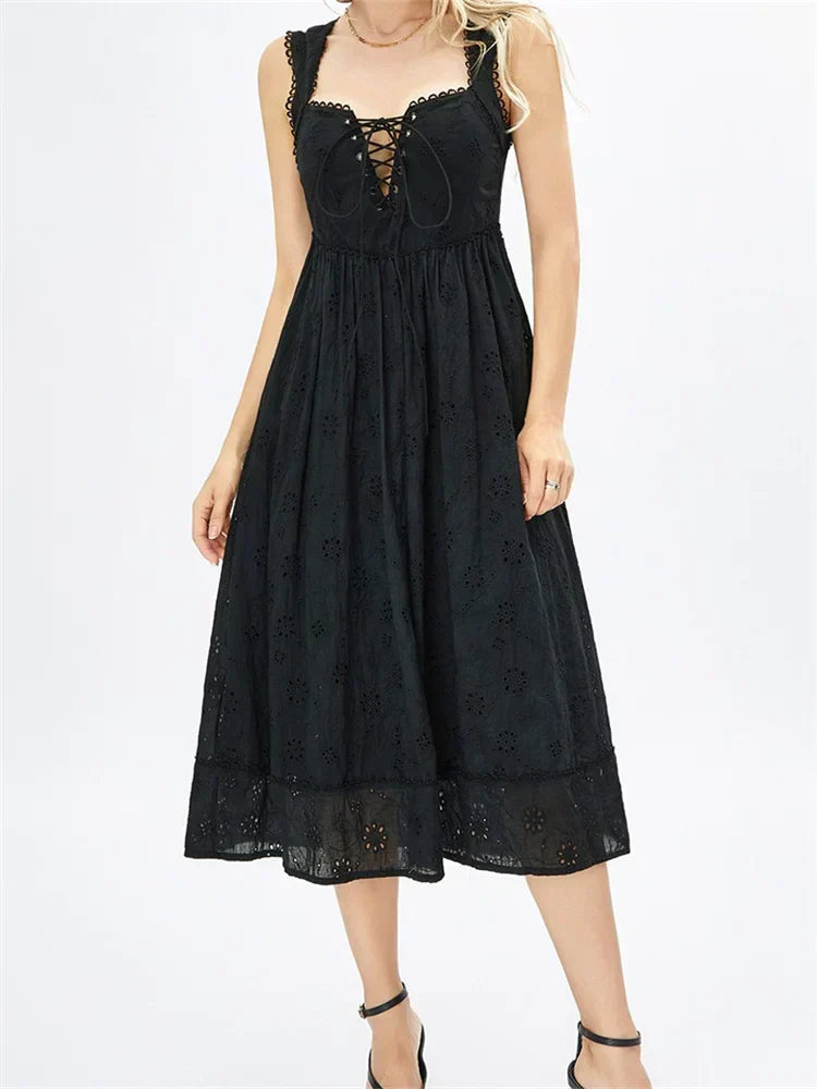 Women Summer Lace Floral Backless Tie-Up Sleeveless Spaghetti Strap Hollow Out Party Female