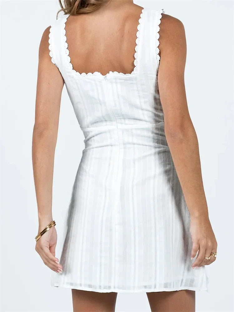 Lace Trim Aline Solid Color Square Neck Mini Dresses