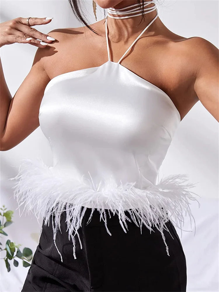 Y2K Sexy Women Vest Sleeveless Off Shoulder Halter Tieup Backless Feather Patchwork Summer Tube Club Party Tank Crop Top