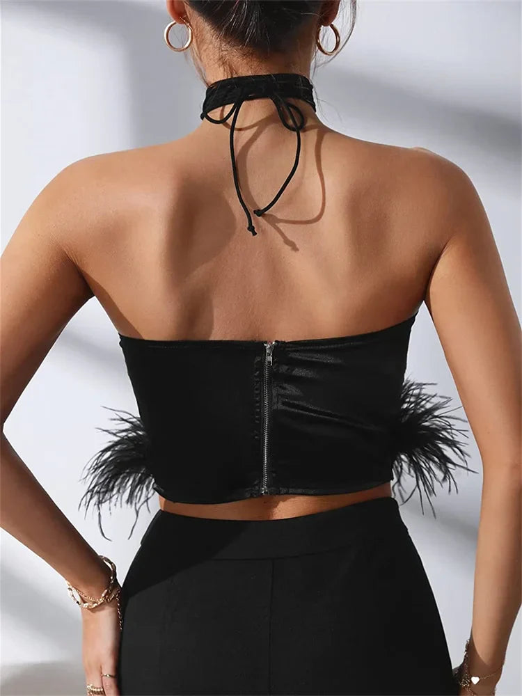Y2K Sexy Women Vest Sleeveless Off Shoulder Halter Tieup Backless Feather Patchwork Summer Tube Club Party Tank Crop Top