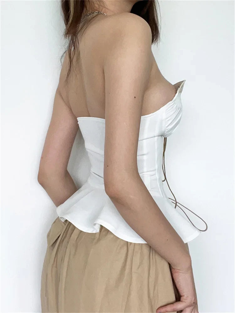 Y2K Strapless Off Shoulder Tube Cropped Summer Clubwear Front Hollow Out Crisscross Tieup for Women Vest Crop Top