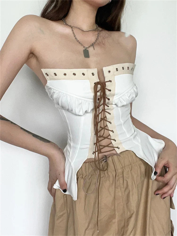 Y2K Strapless Off Shoulder Tube Cropped Summer Clubwear Front Hollow Out Crisscross Tieup for Women Vest Crop Top